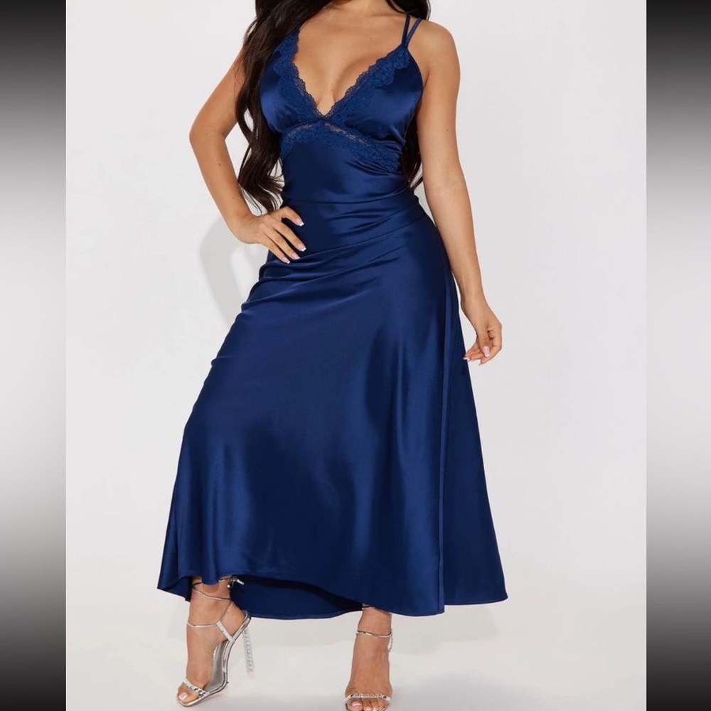 Fashion Nova Navy Blue Satin Maxi Dress